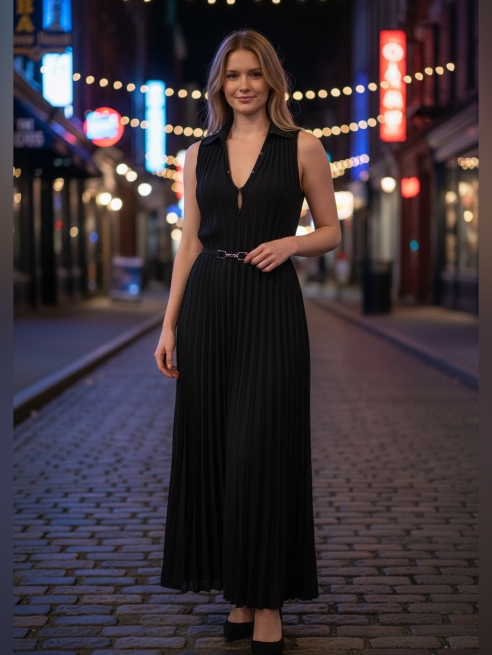 Gabriella Hearst iconic Sleeveless Black Pleated Maxi Dress with Belt